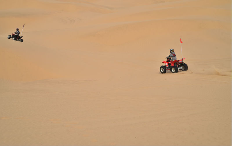 People riding quadbikes on desert