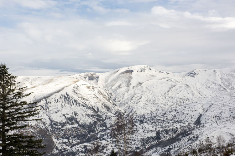 Scenic view of snowcapped mountains against sky