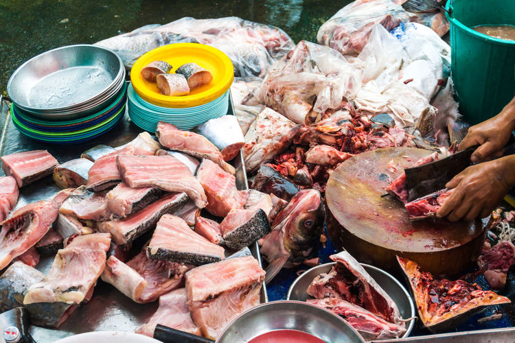 Cropped hands of person chopping meat