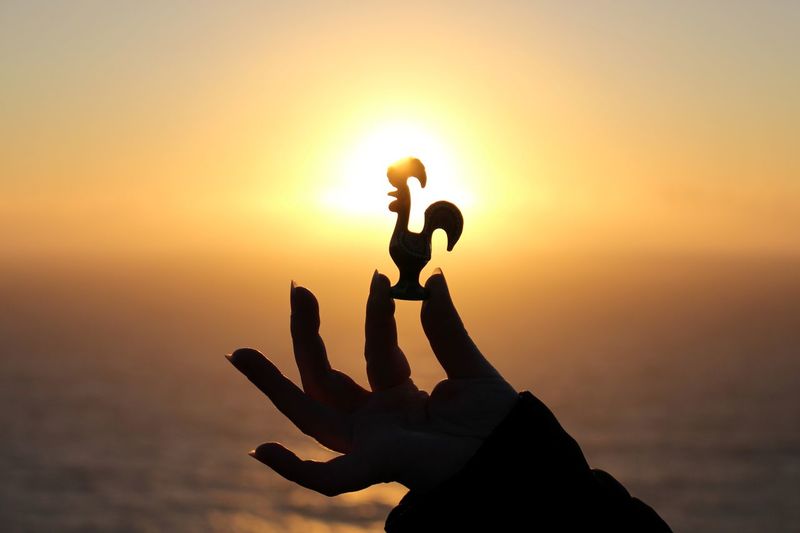 Cropped image of person holding silhouette rooster figurine by sea against sky during sunset