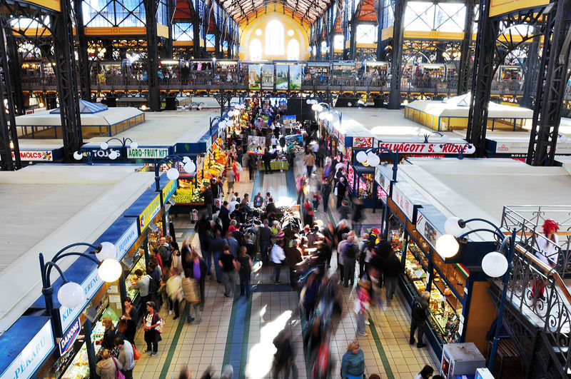 High angle view of people at central market hall
