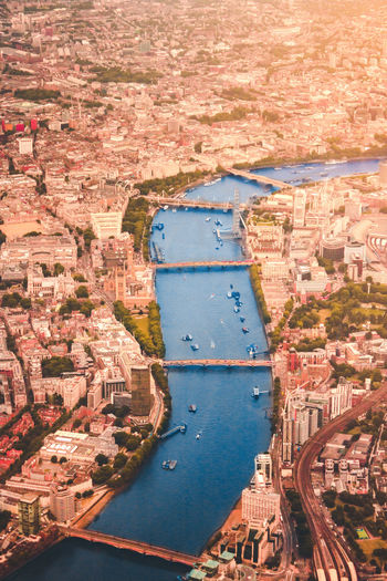 High angle view of building in city with river thames