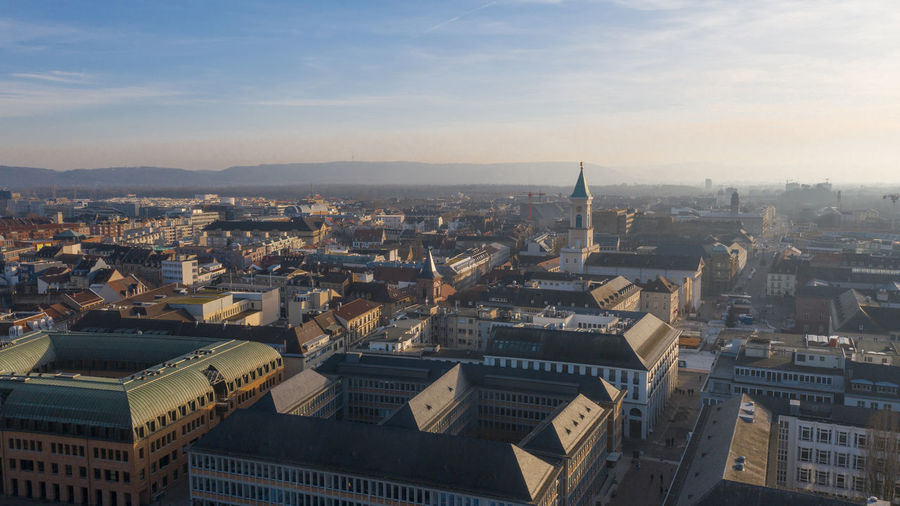 High angle view of buildings in city karlsruhe, germany