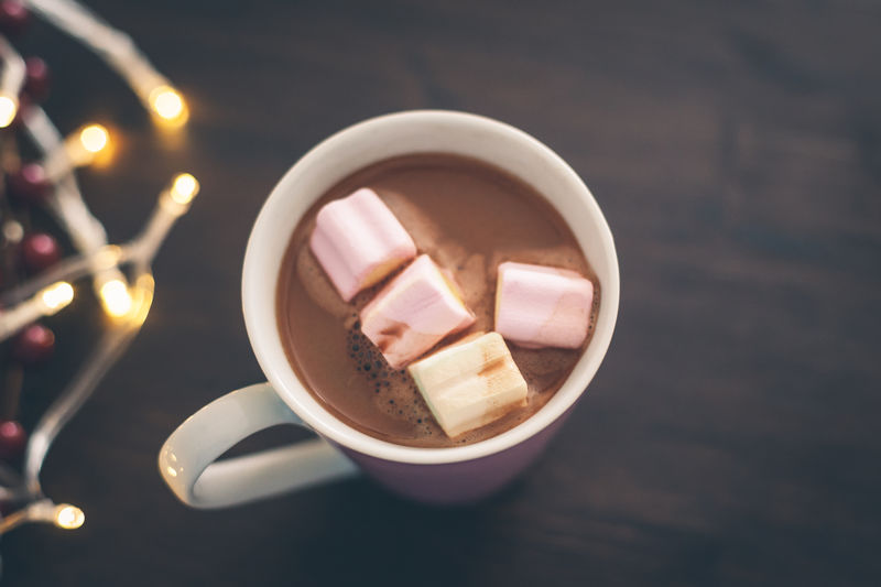 High angle view of marshmallows in hot chocolate