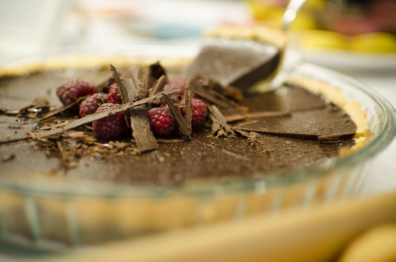 Close-up of chocolate cake in bowl on table