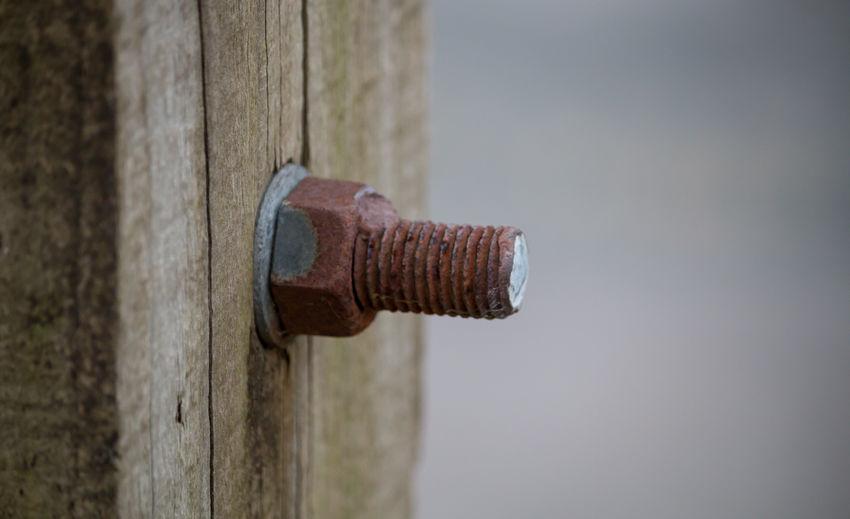 A close up of a rusty nut and bolt securing a wooden fence panel