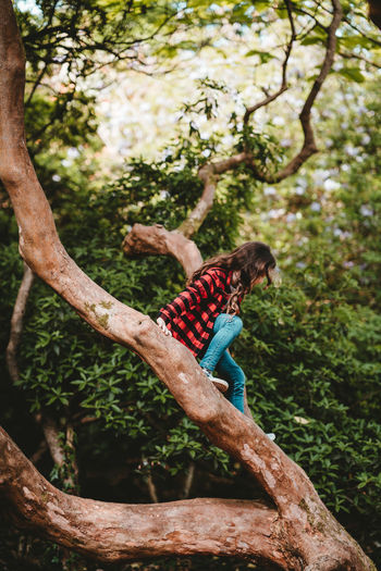 Girl sitting on tree in forest