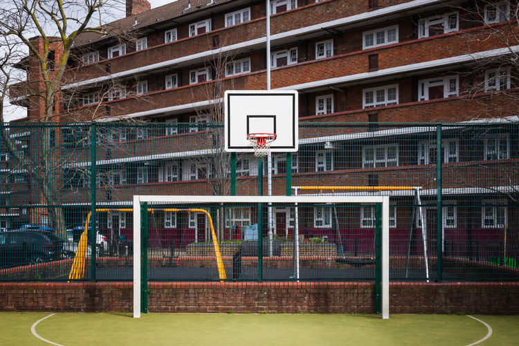 Outdoor basketball court at council housing rockingham estate in elephant and castle area, london
