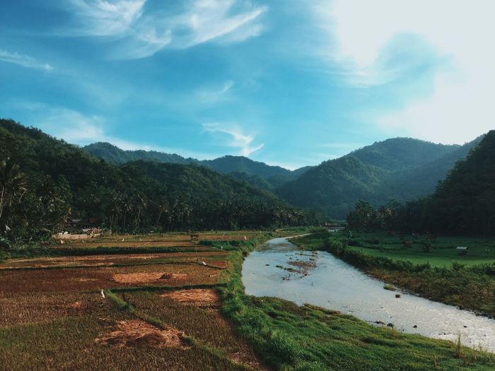 Scenic view of mountains against cloudy sky