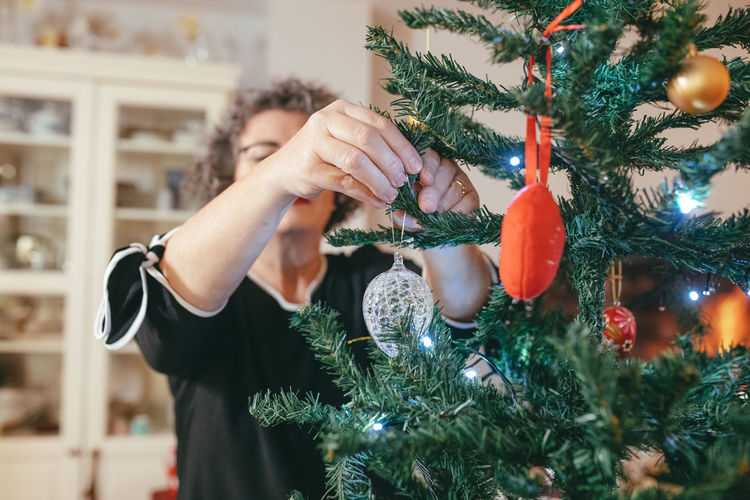 Midsection of man holding christmas tree