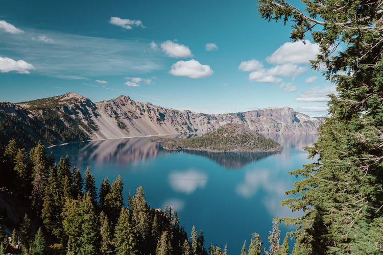 Scenic view of lake and mountains against sky