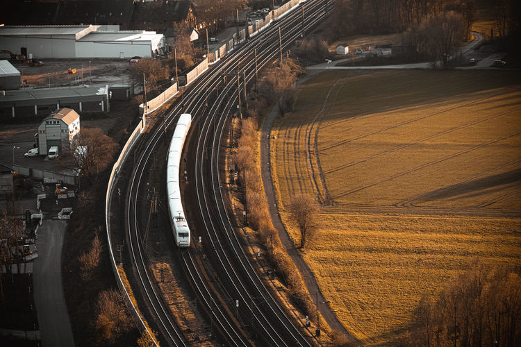 High angle view of railroad tracks in city