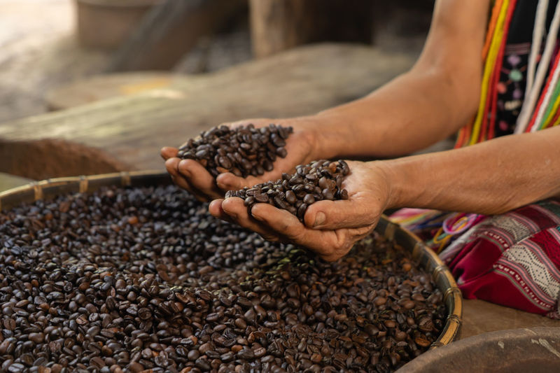 Midsection of woman holding coffee beans