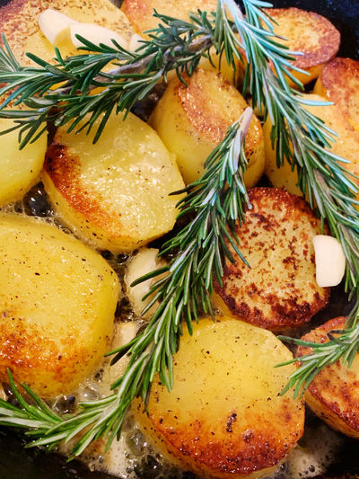 High angle view of roasted rosemary potatoes