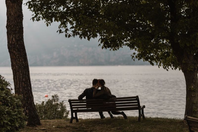 Rear view of couple sitting on bench in park