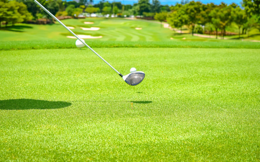 High angle view of golf ball on grass