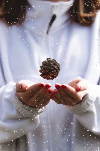 Midsection of woman holding pine cone during snowy winter