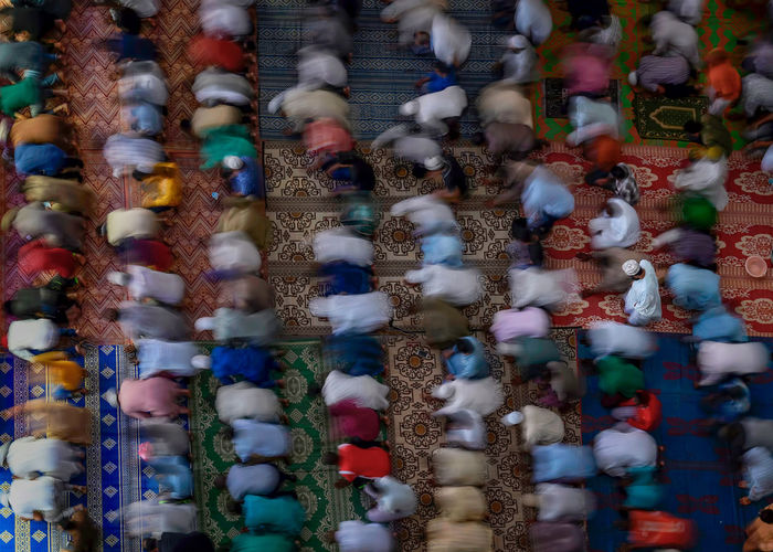 High angle view of people praying