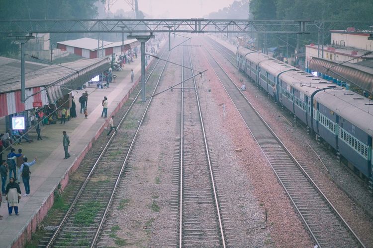 High angle view of trains on railway station