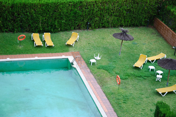 High angle view of birds perching on swimming pool
