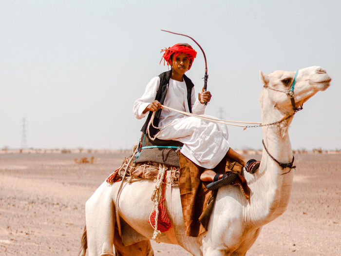 Side view of bedouin young man with camel in the desert 