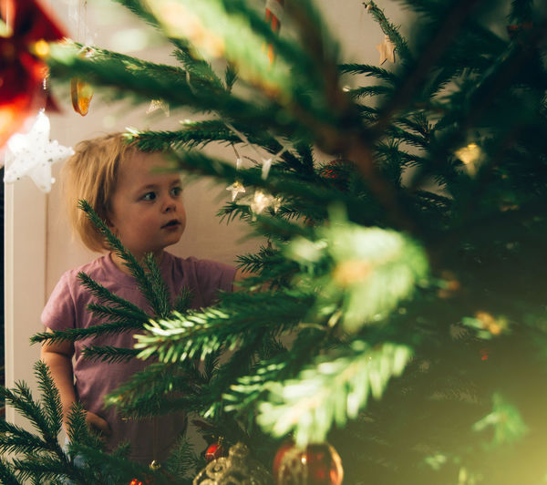 The child decorates the christmas tree. holiday decoration.