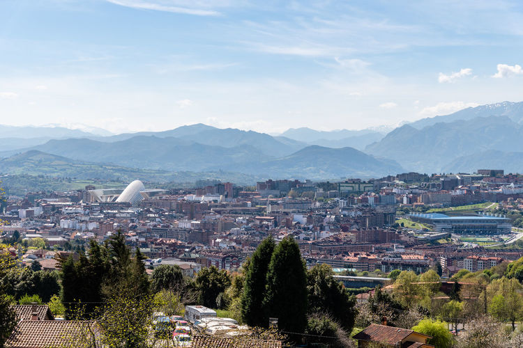 Cityscape of oviedo a sunny day from naranco mount. asturias, spain