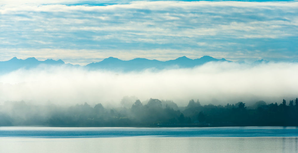Morning fog over puerto varas on the shores of lake llanquihue, x region de los lagos, chile
