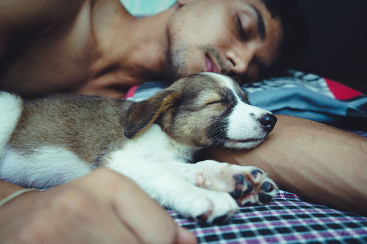 Close-up of man sleeping with dog at home