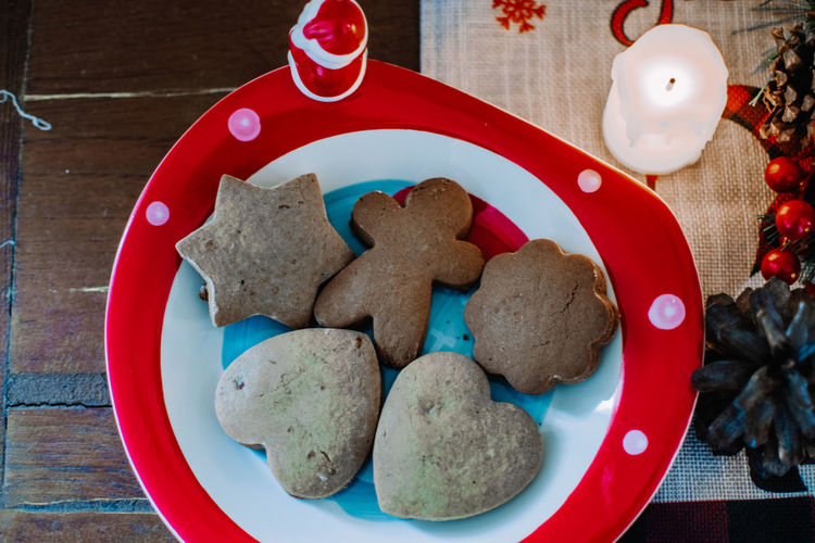 High angle view of cookies in plate on table