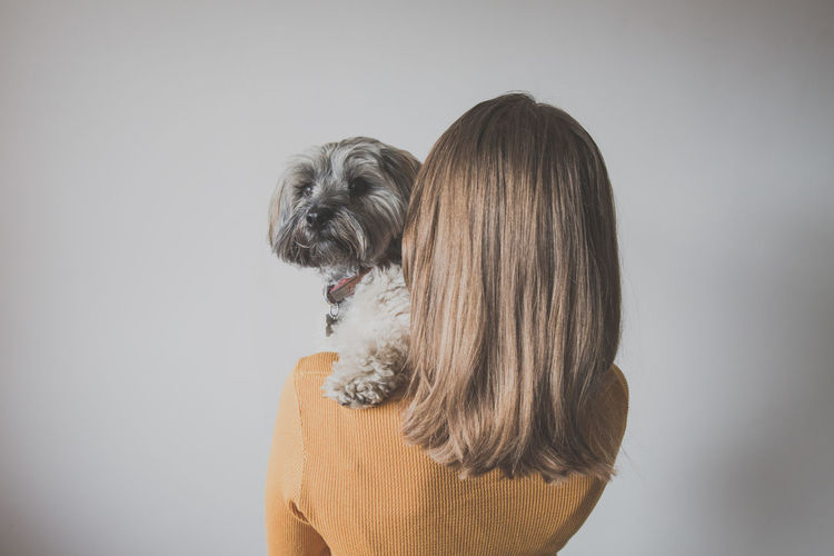 Rear view of woman carrying dog against white background