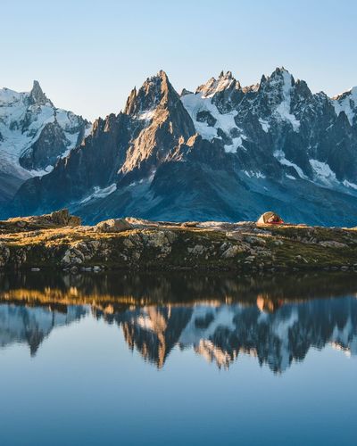 Scenic view of snowcapped mountains and lake against sky