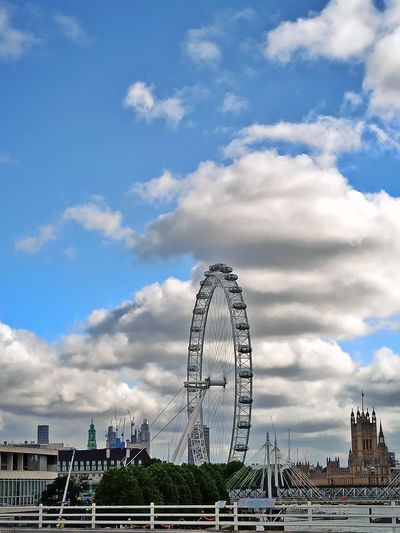 Ferris wheel by buildings against cloudy sky