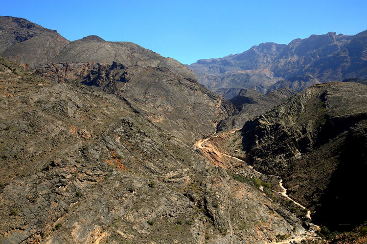 Aerial view of mountain range against clear sky