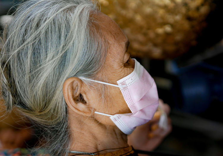 Close-up of senior woman wearing mask