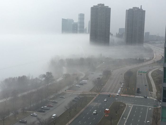 High angle view of highway in city during winter