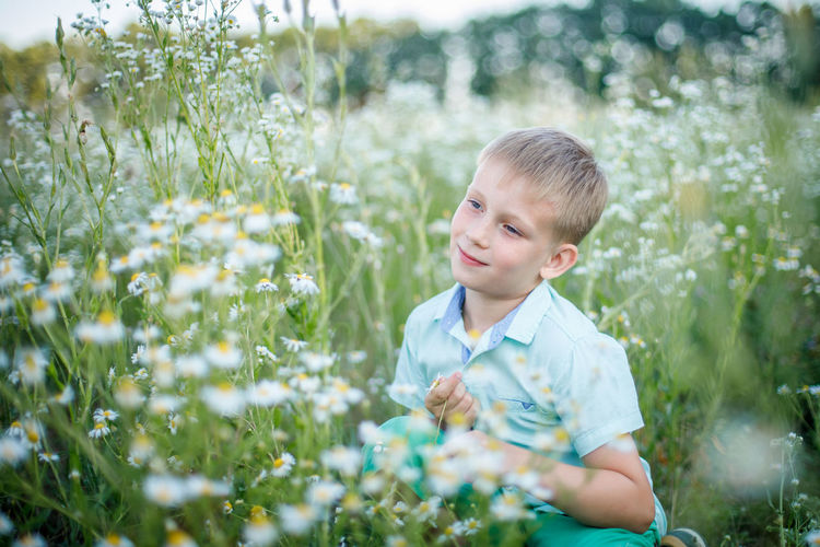 Portrait of boy on grassy field