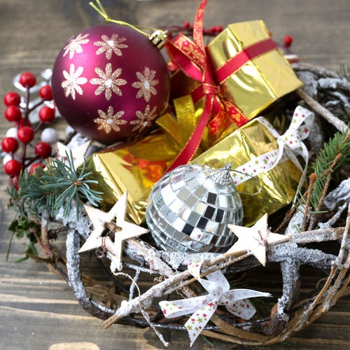 Close-up of christmas decorations on table