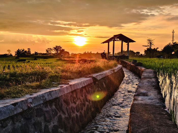 Footpath amidst field against sky during sunset