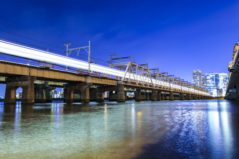 Bridge over river by buildings against blue sky