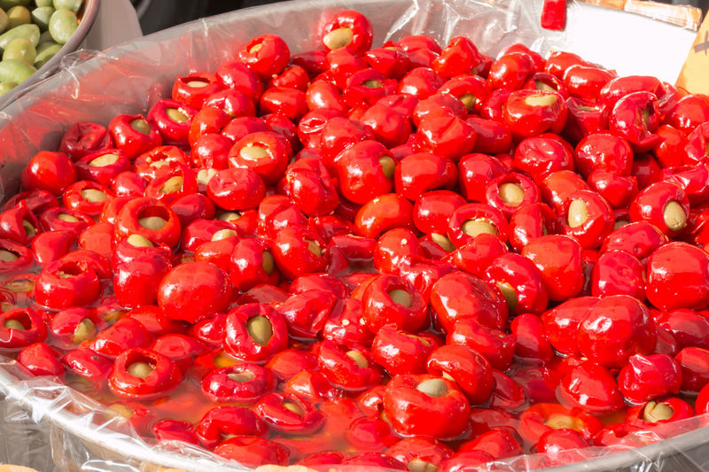 High angle view of cherries in market