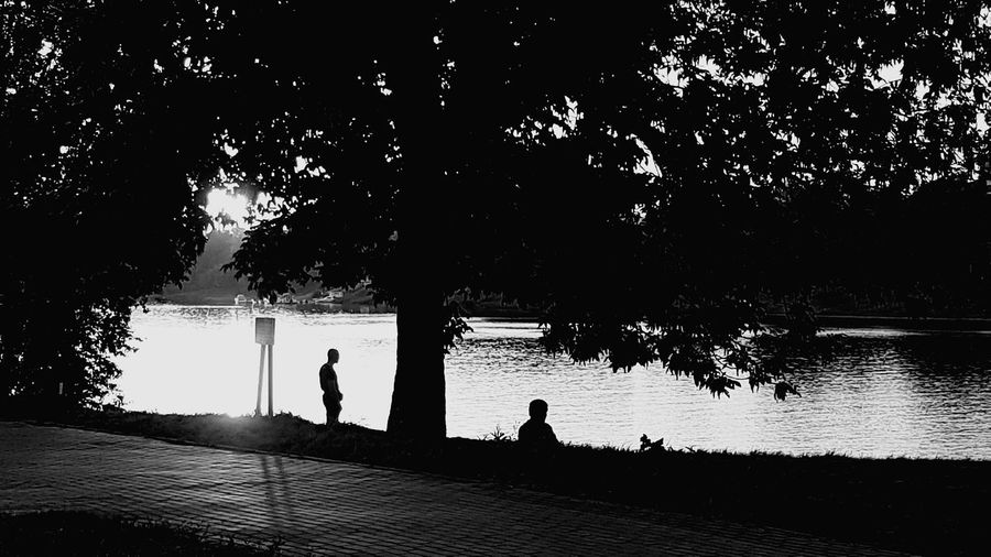 Silhouette people relaxing by lake against sky