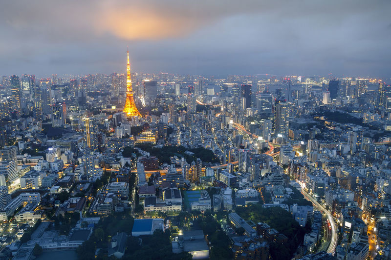 Tokyo skyline at sunset, with the famous tower of tokyo