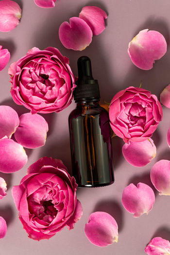 Cosmetic serum with essential rose oil and roses on a brown background. a natural product for detox