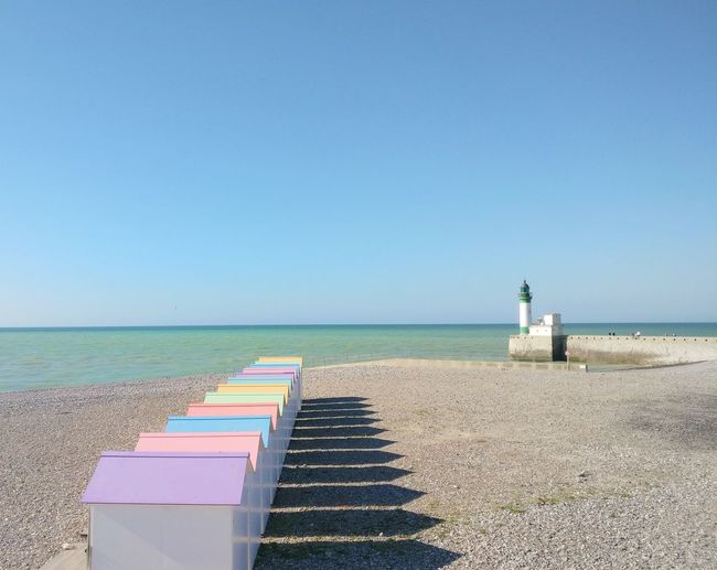 Scenic view of sea against clear blue sky