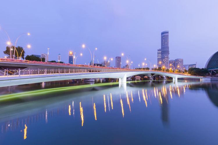 Illuminated bridge over river by buildings against sky at dusk
