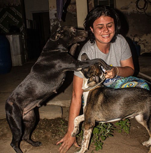 Smiling woman with dogs sitting outdoors at night