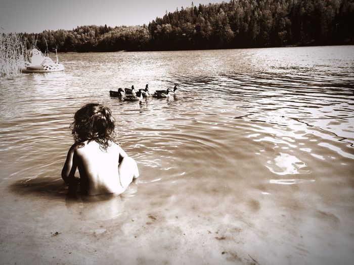 Rear view of naked kid with ducks swimming in lake