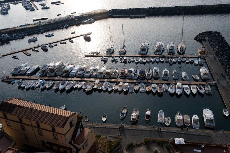 High angle view of moored boats in water