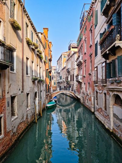 View of a venetian canal with reflections of historical buildings